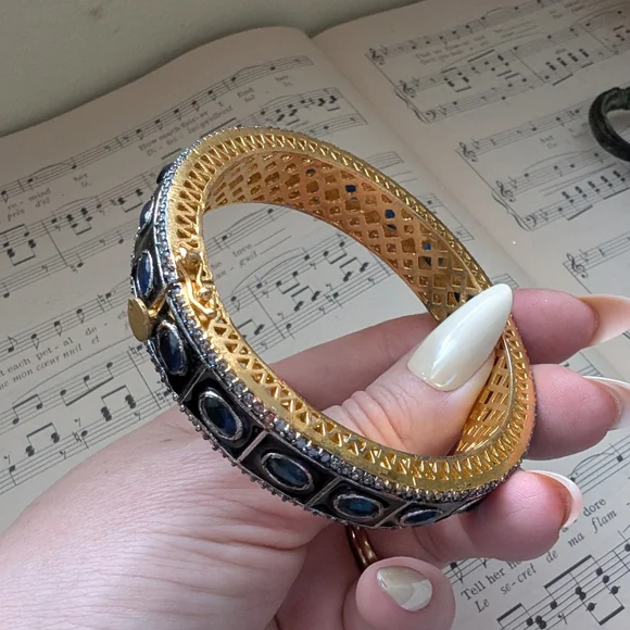 Gold-Tone Blue Sapphire Halo Bangle Bracelet - Picture 4 of 12